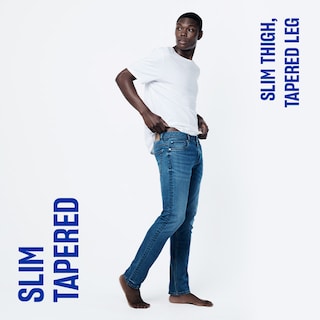 Slim Tapered, tight fit. skinny tapered leg.