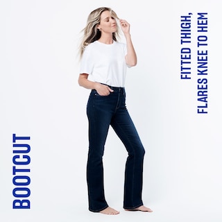 Bootcut fit. hugs thigh. flares from knee to hem.