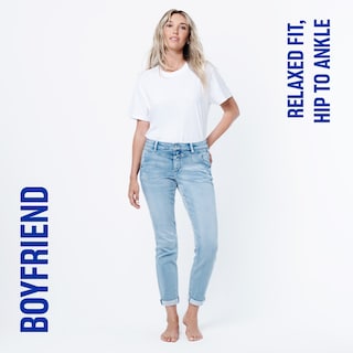 Boyfriend fit. relaxed fit. hip to ankle.
