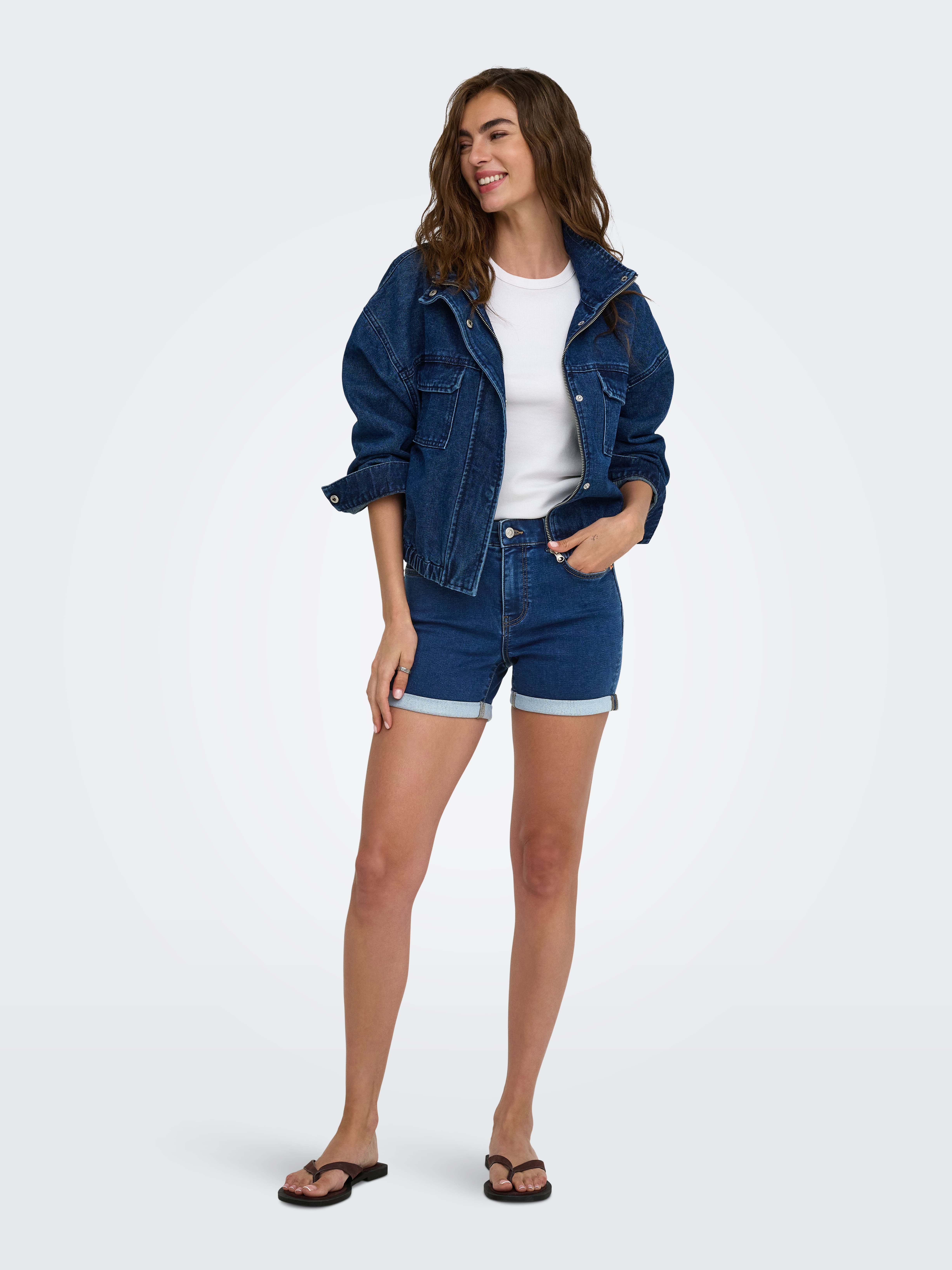 Ulana High Waisted Fold Up Jog Denim Shorts In Medium Blue