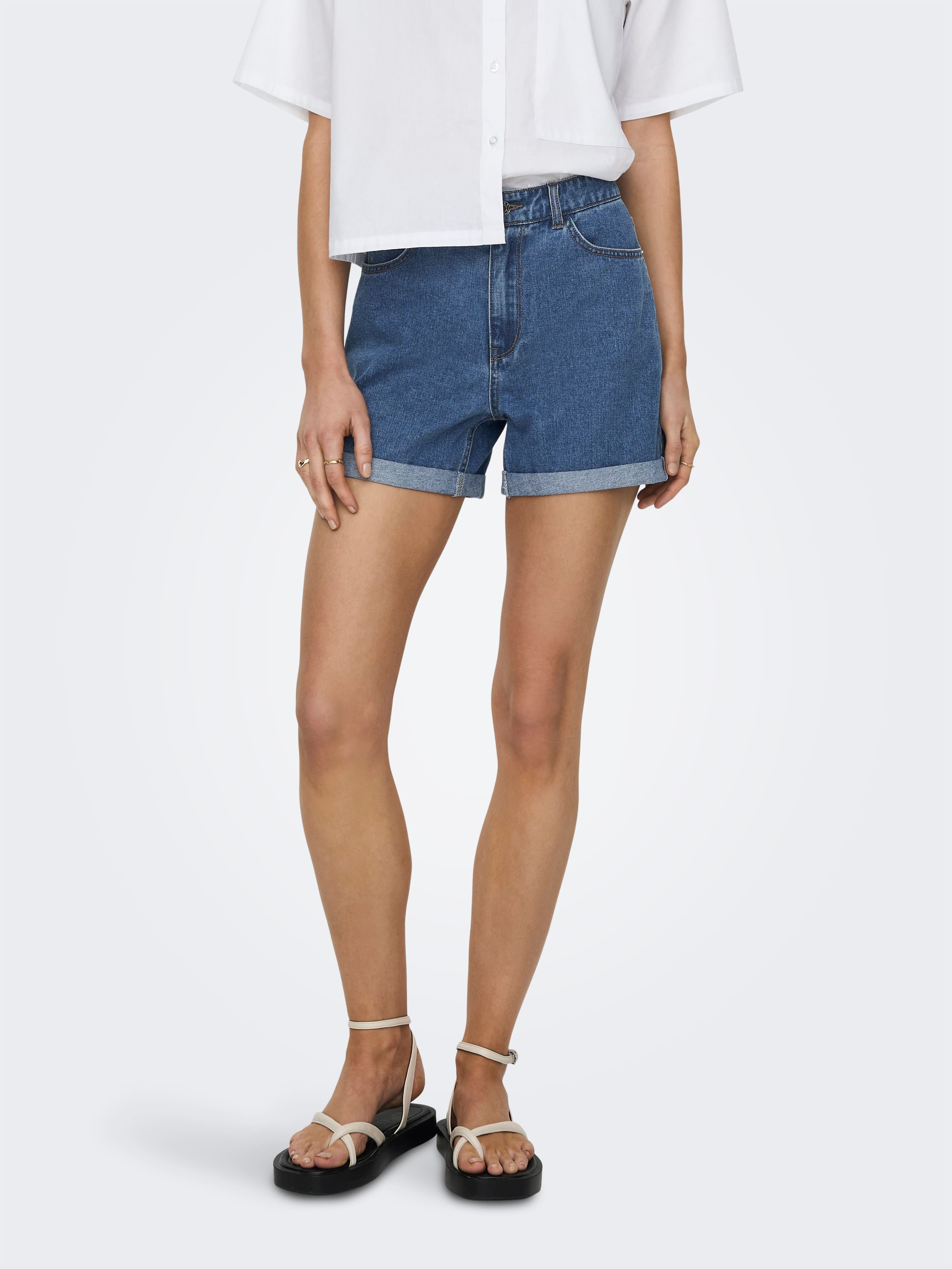 Vega High Waisted Mom Denim Shorts In Medium Blue