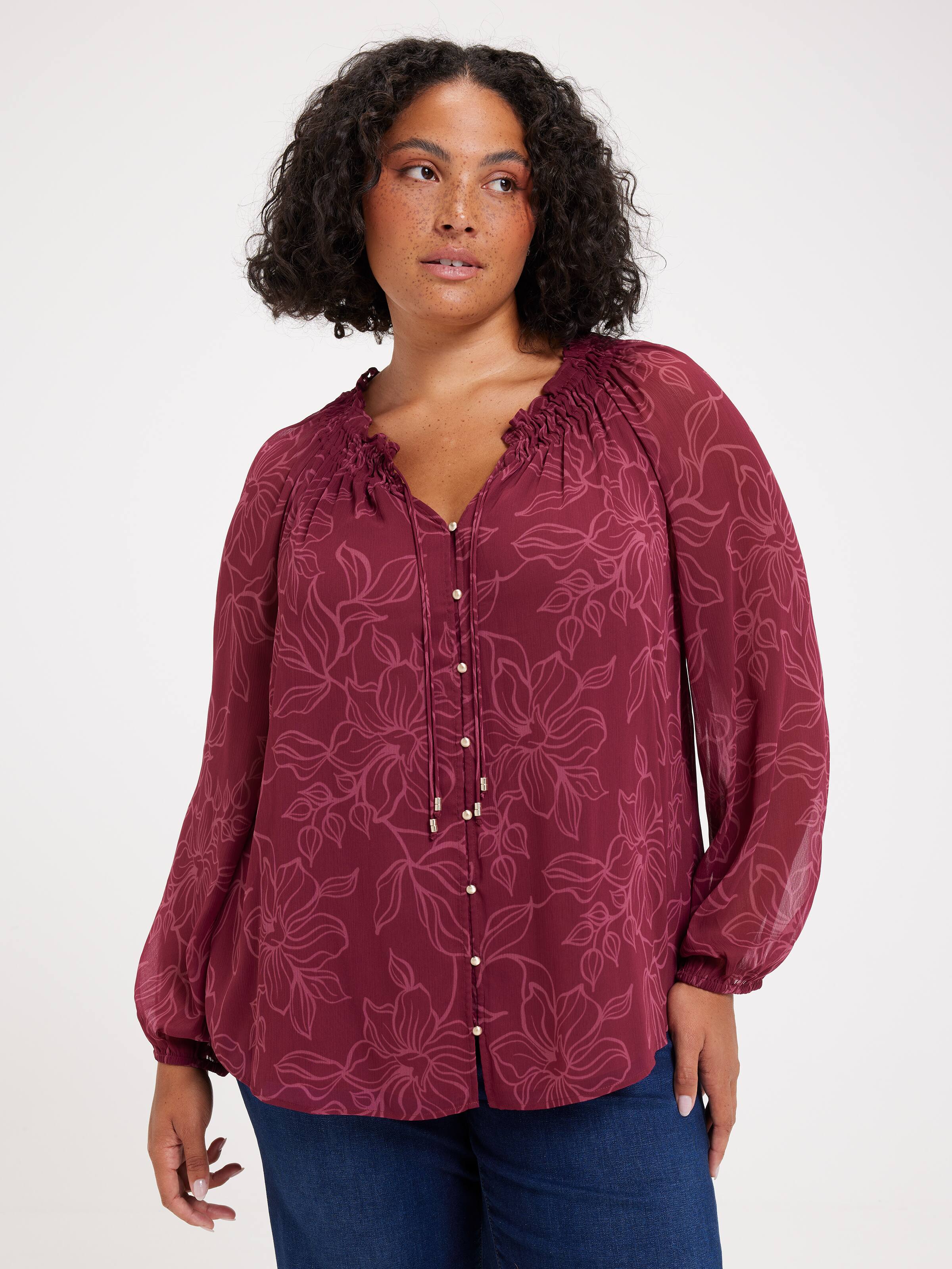 Curve Astrid Ruche Neck Long Sleeve Top