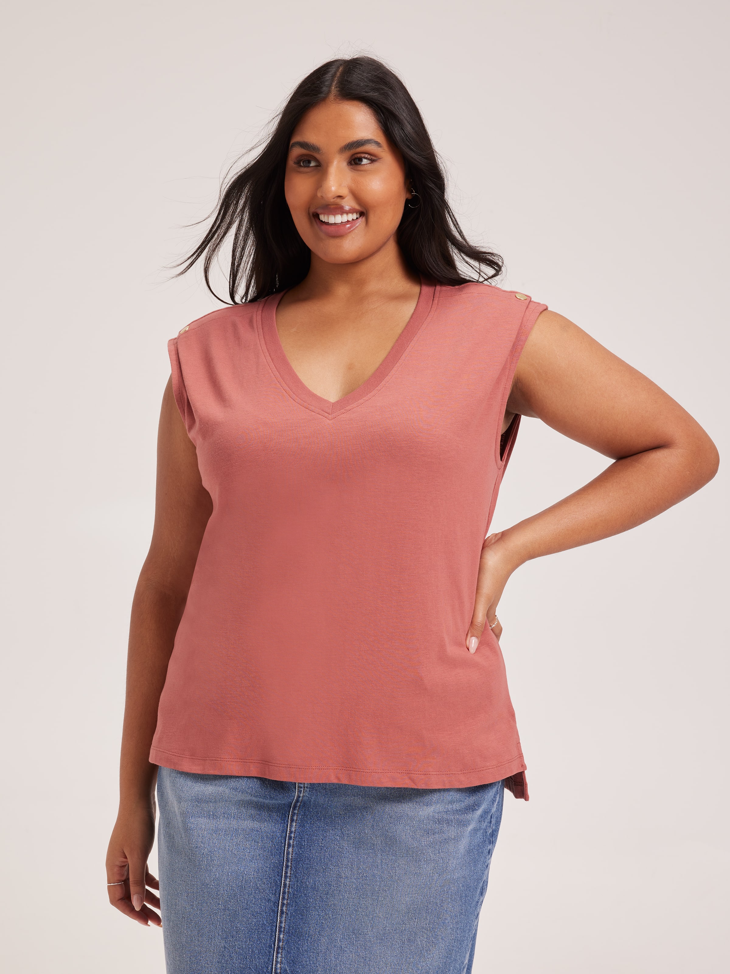 Curve Lila V-Neck Button Top