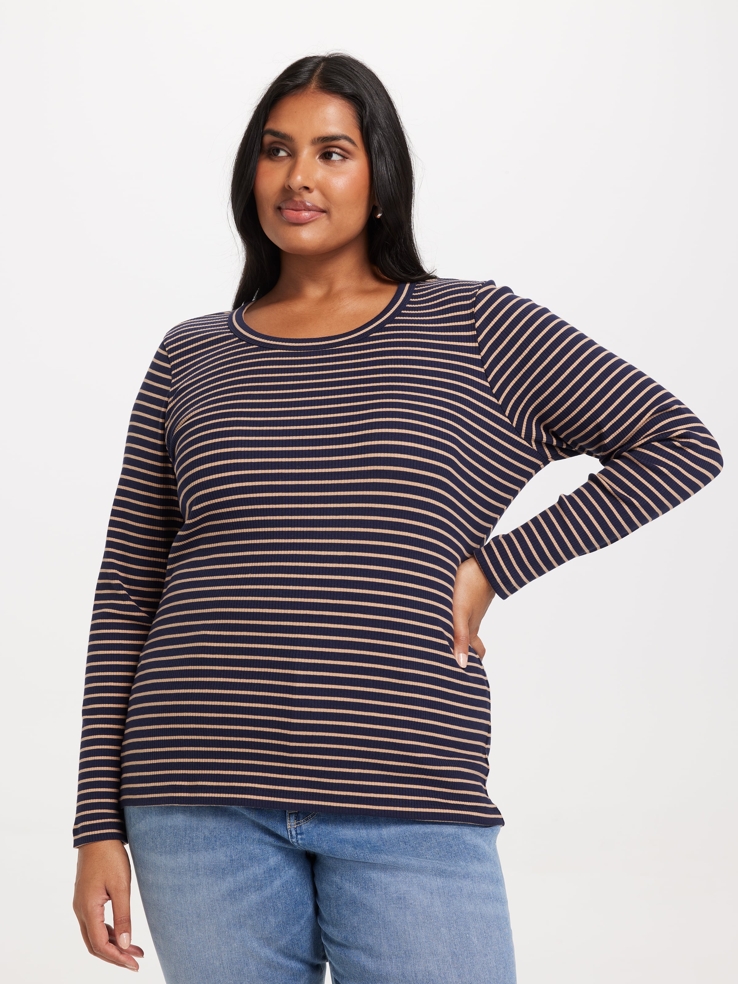 Curve Rib Long Sleeve Crew Neck Top