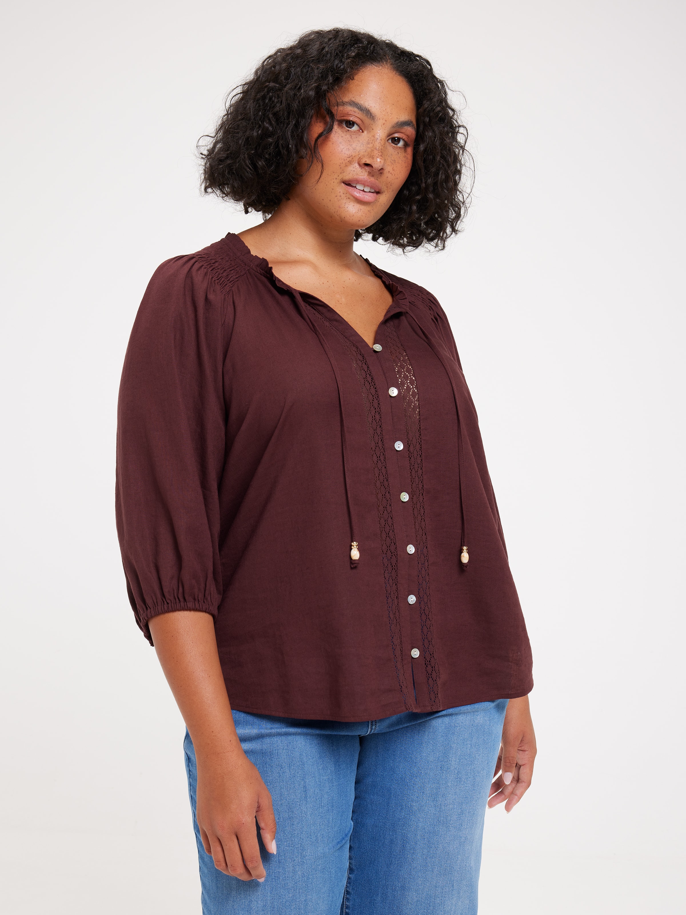 Curve Luna Smock Shoulder 3/4 Sleeve Blouse