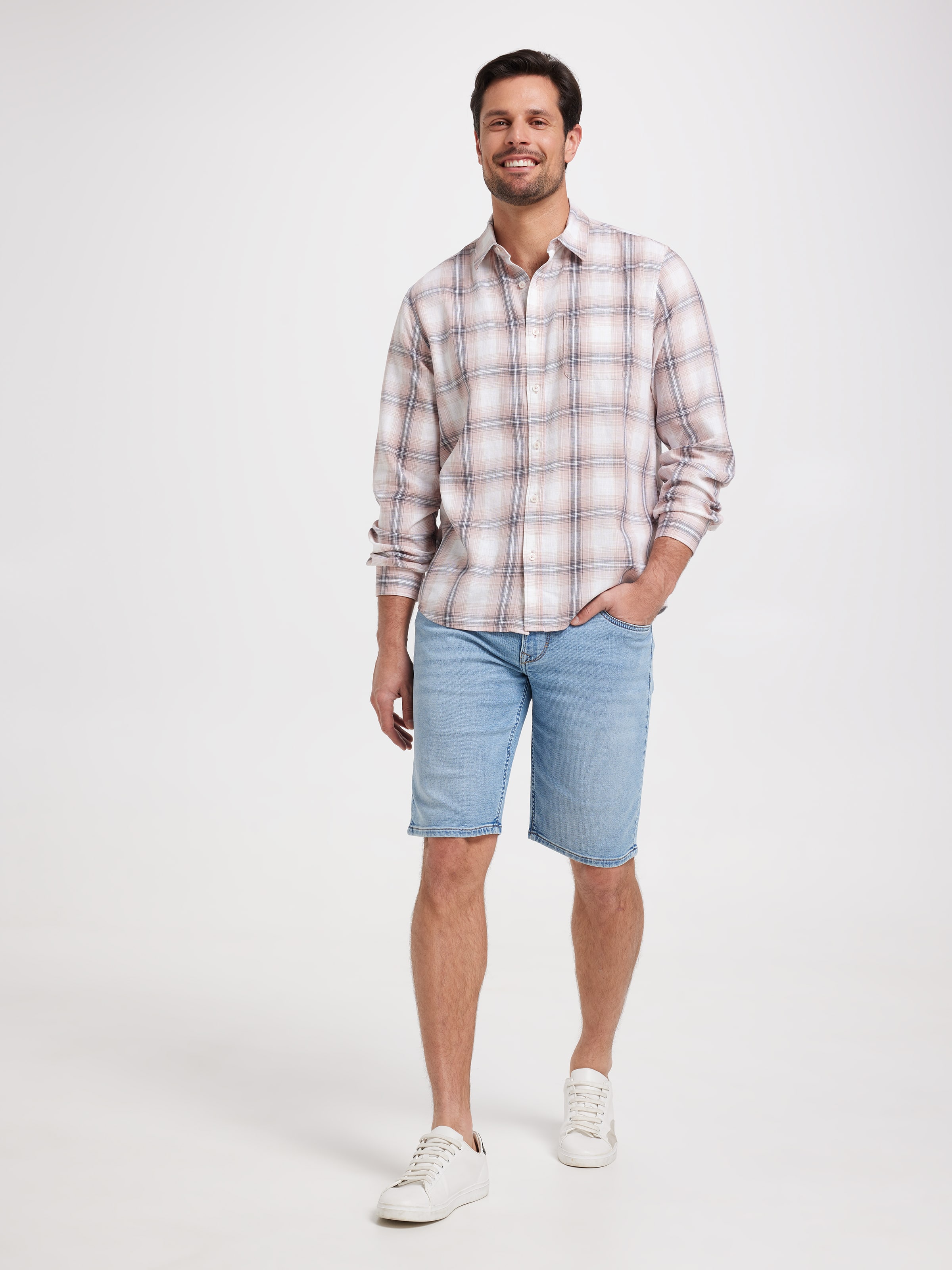 Long Sleeve Linen Blend Check Shirt