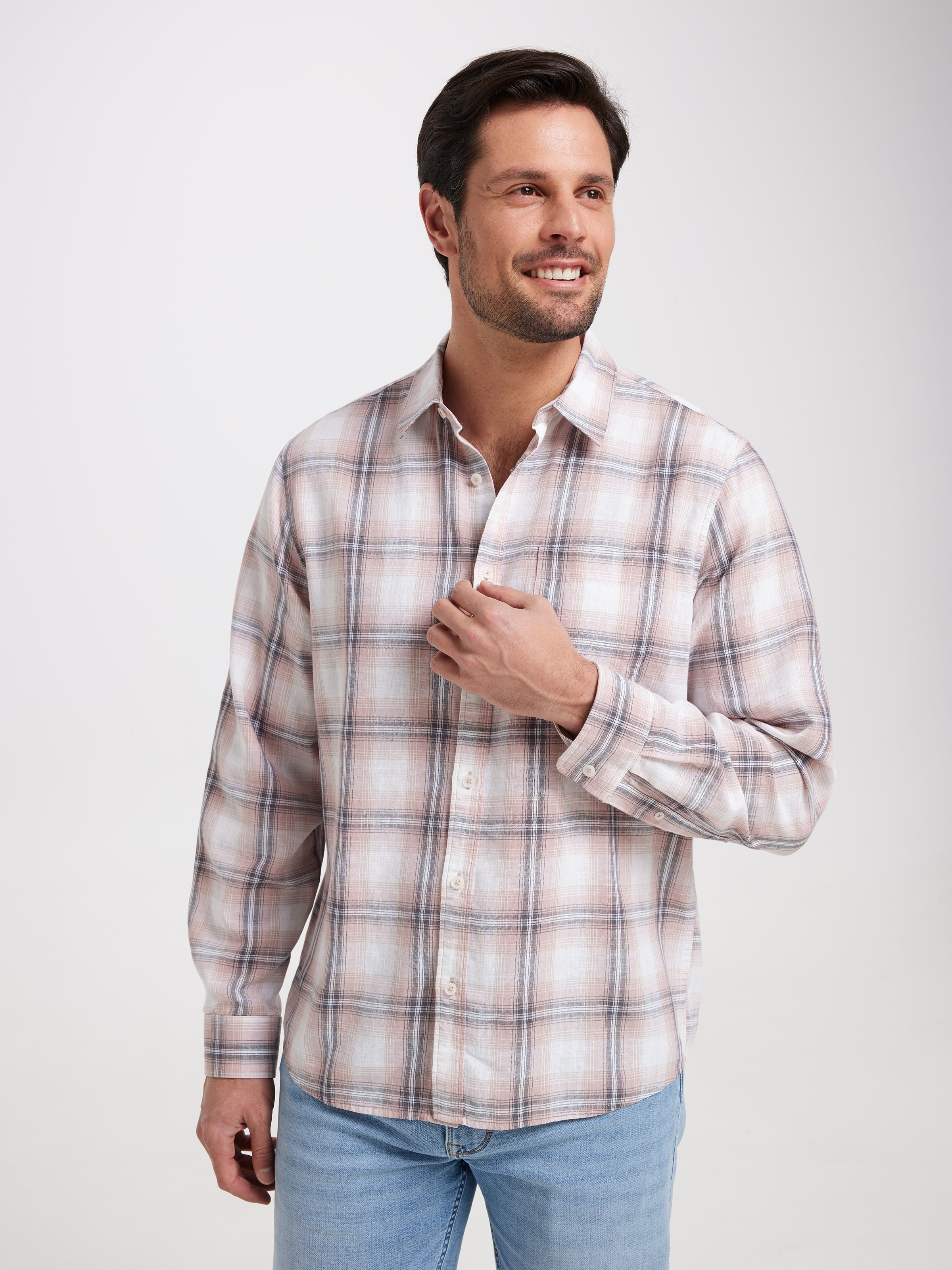 Long Sleeve Linen Blend Check Shirt