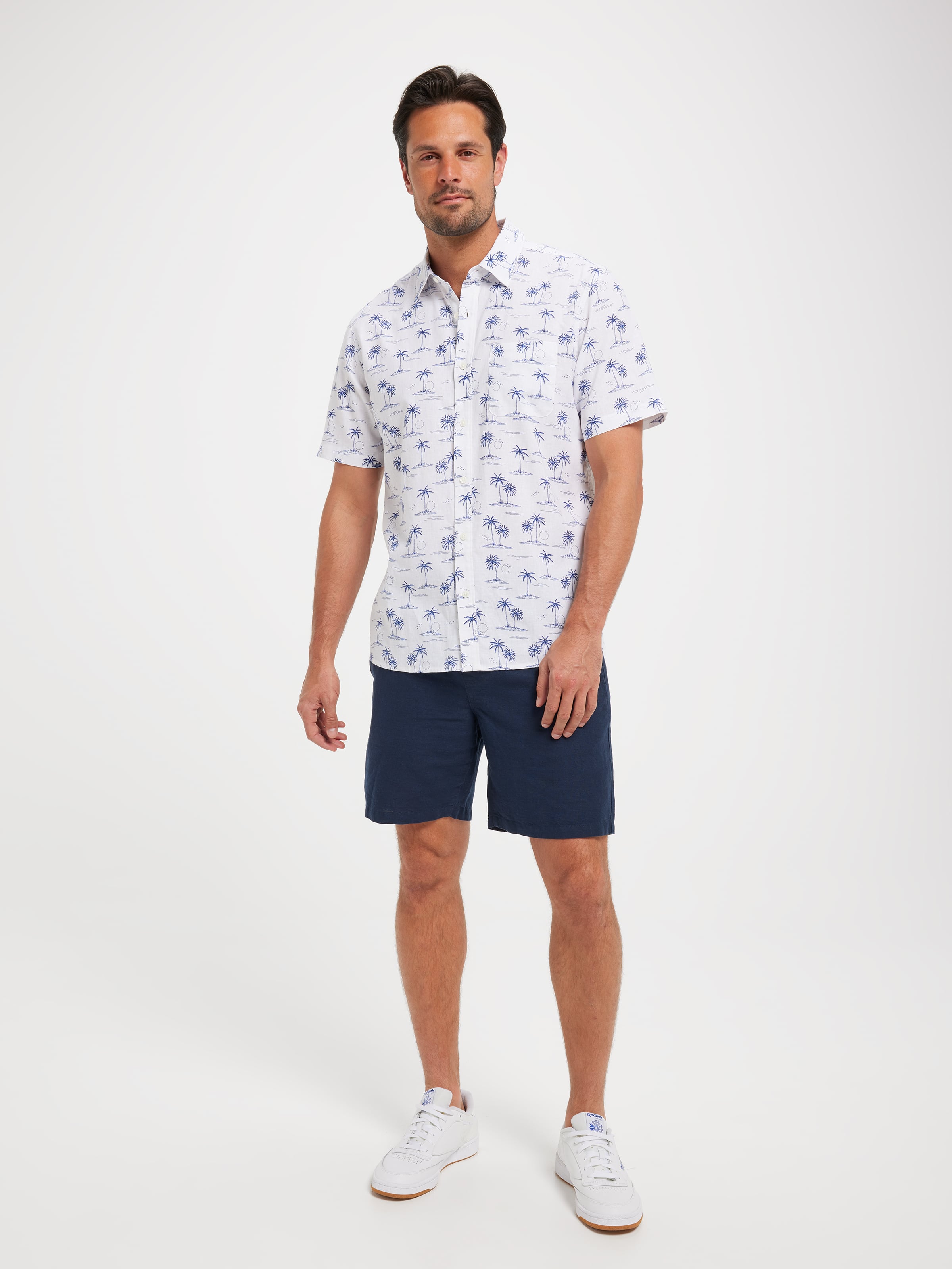 Short Sleeve Linen Blend Palm Print