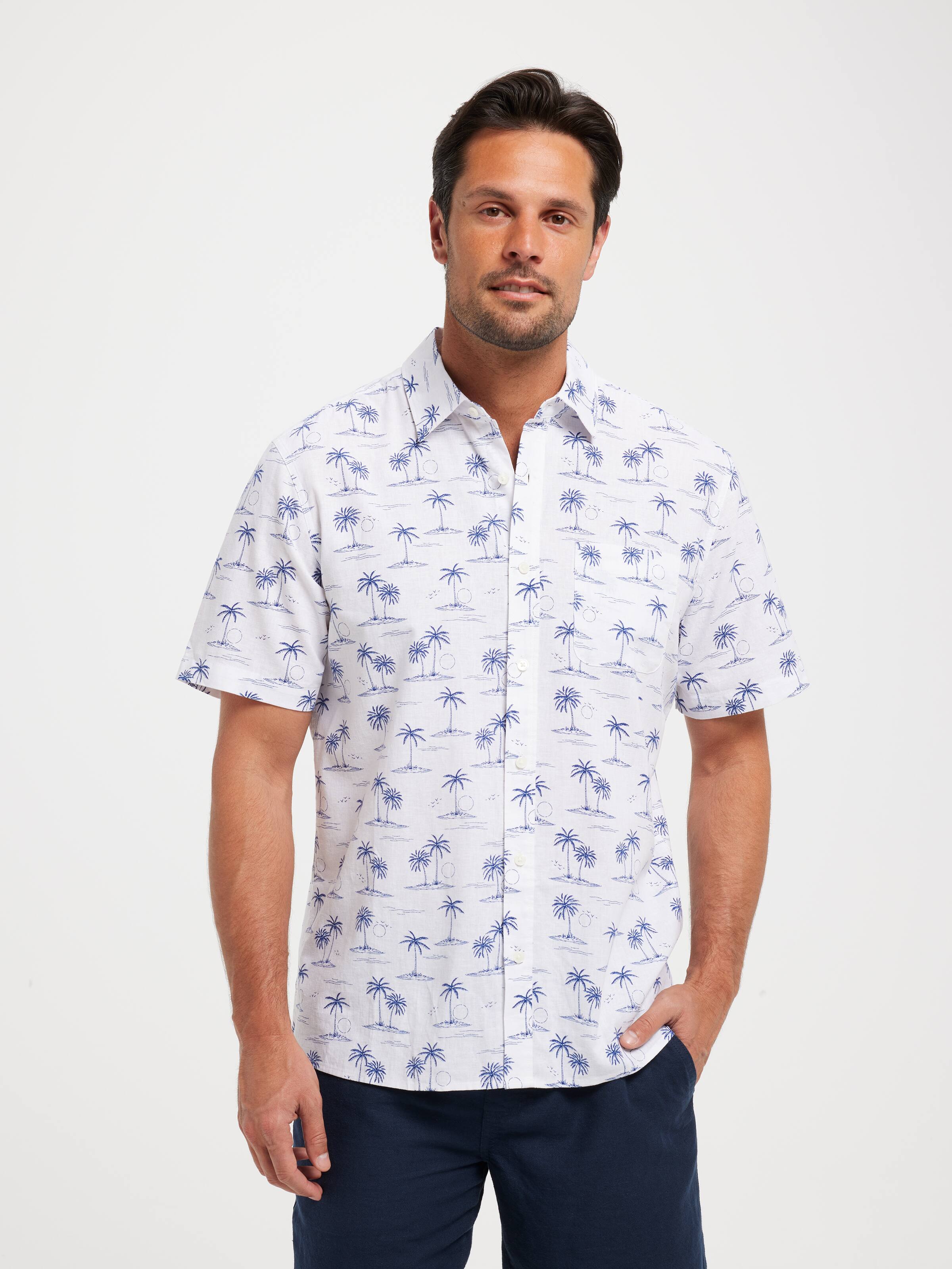 Short Sleeve Linen Blend Palm Print