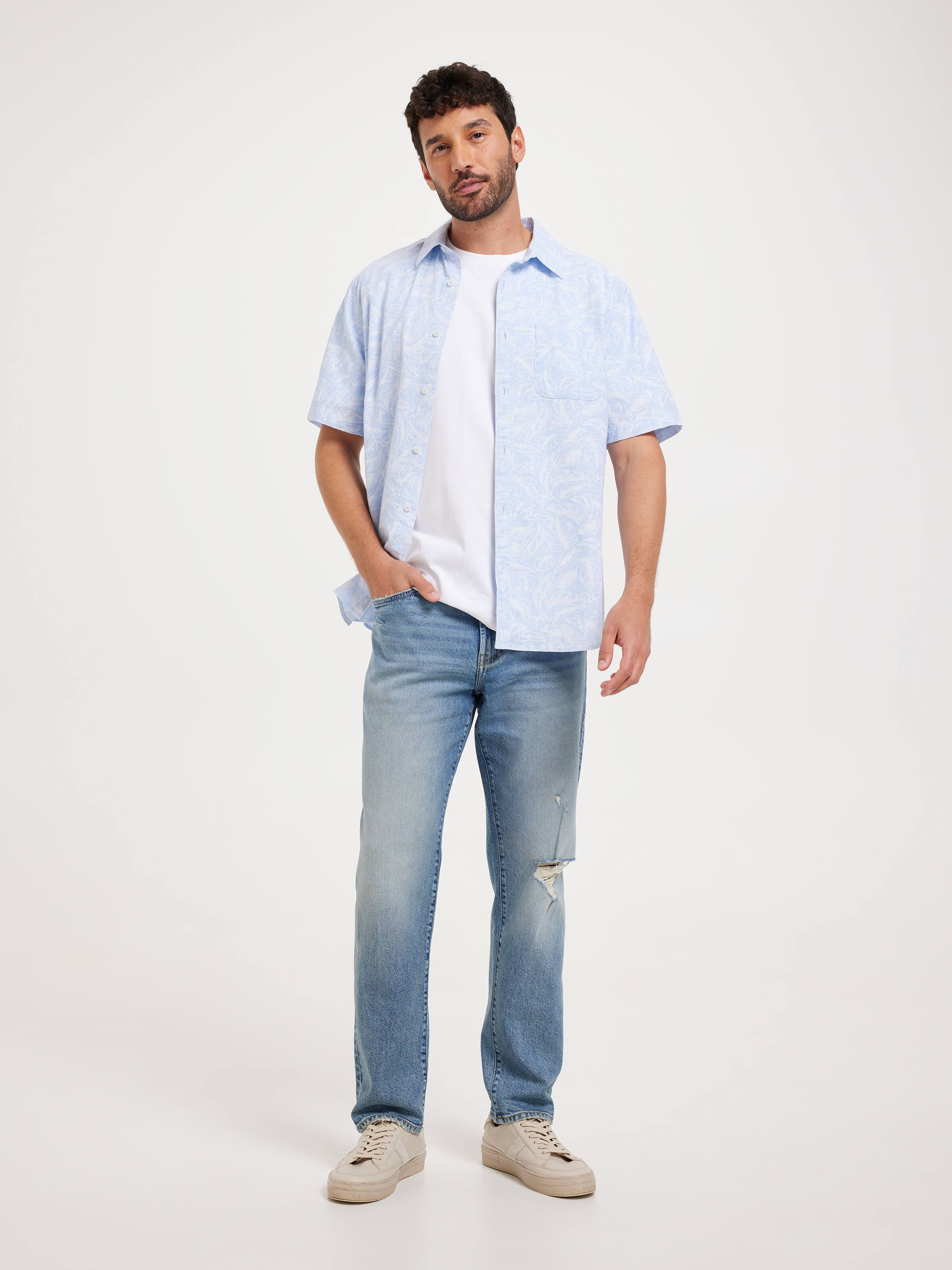 Short Sleeve Linen Blend Print Shirt