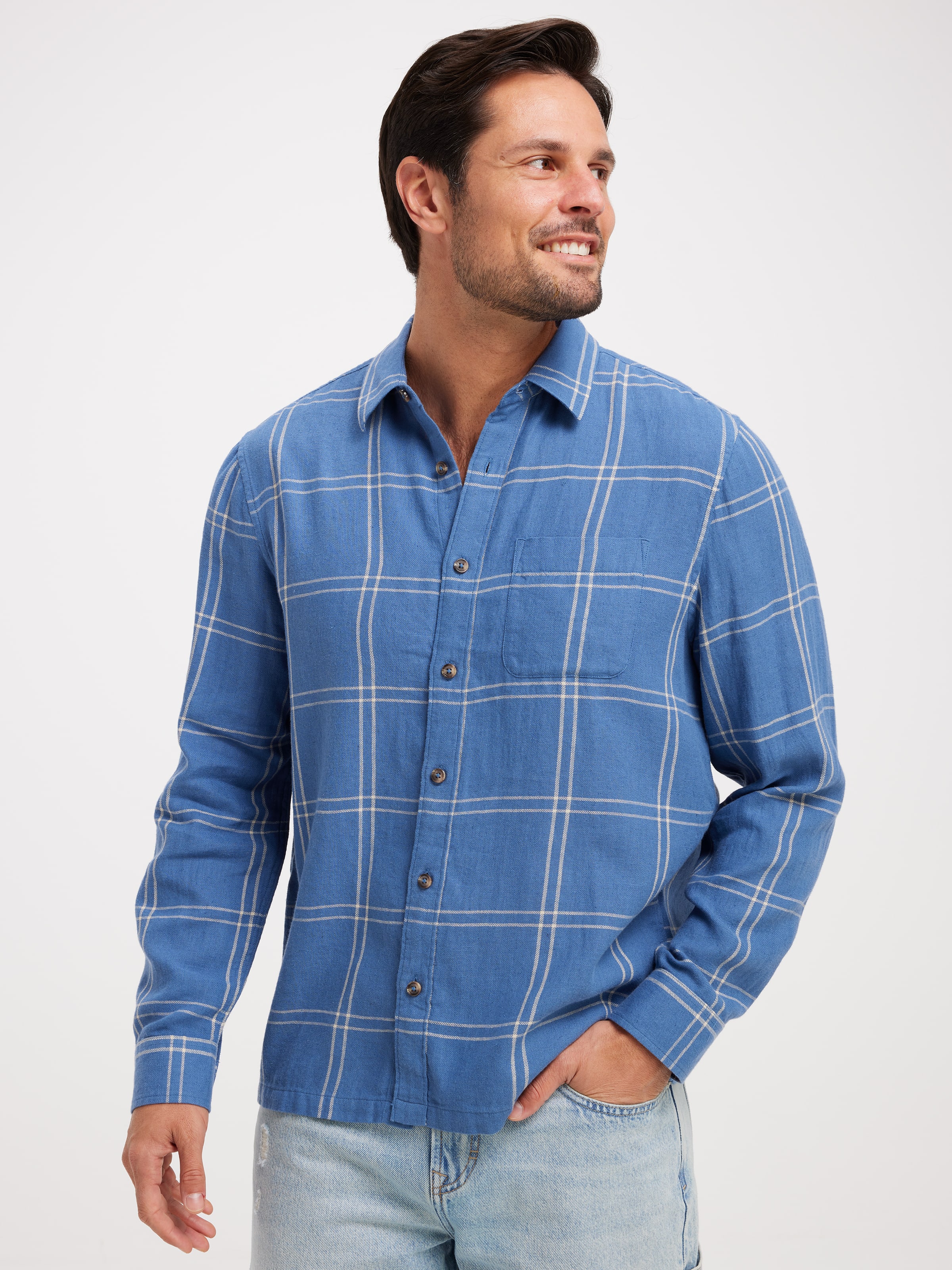 Long Sleeve Relaxed Linen Blend Check