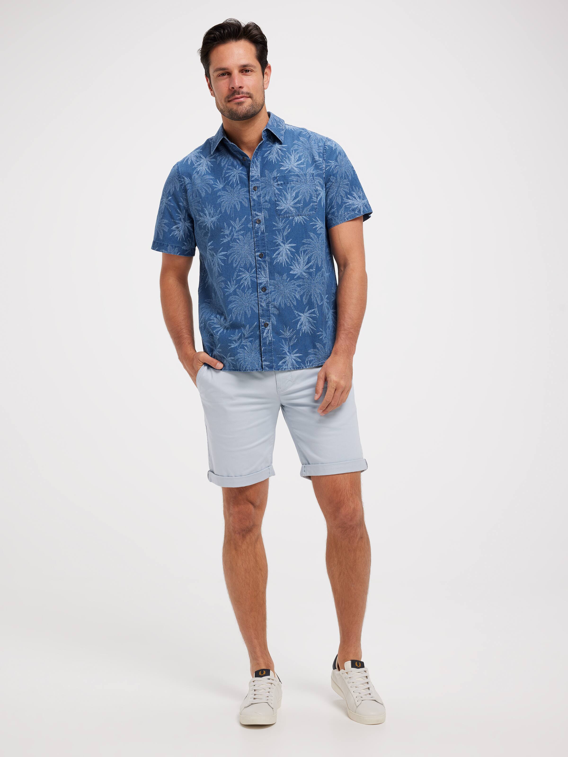 Short Sleeve Chambray Palm Print Shirt