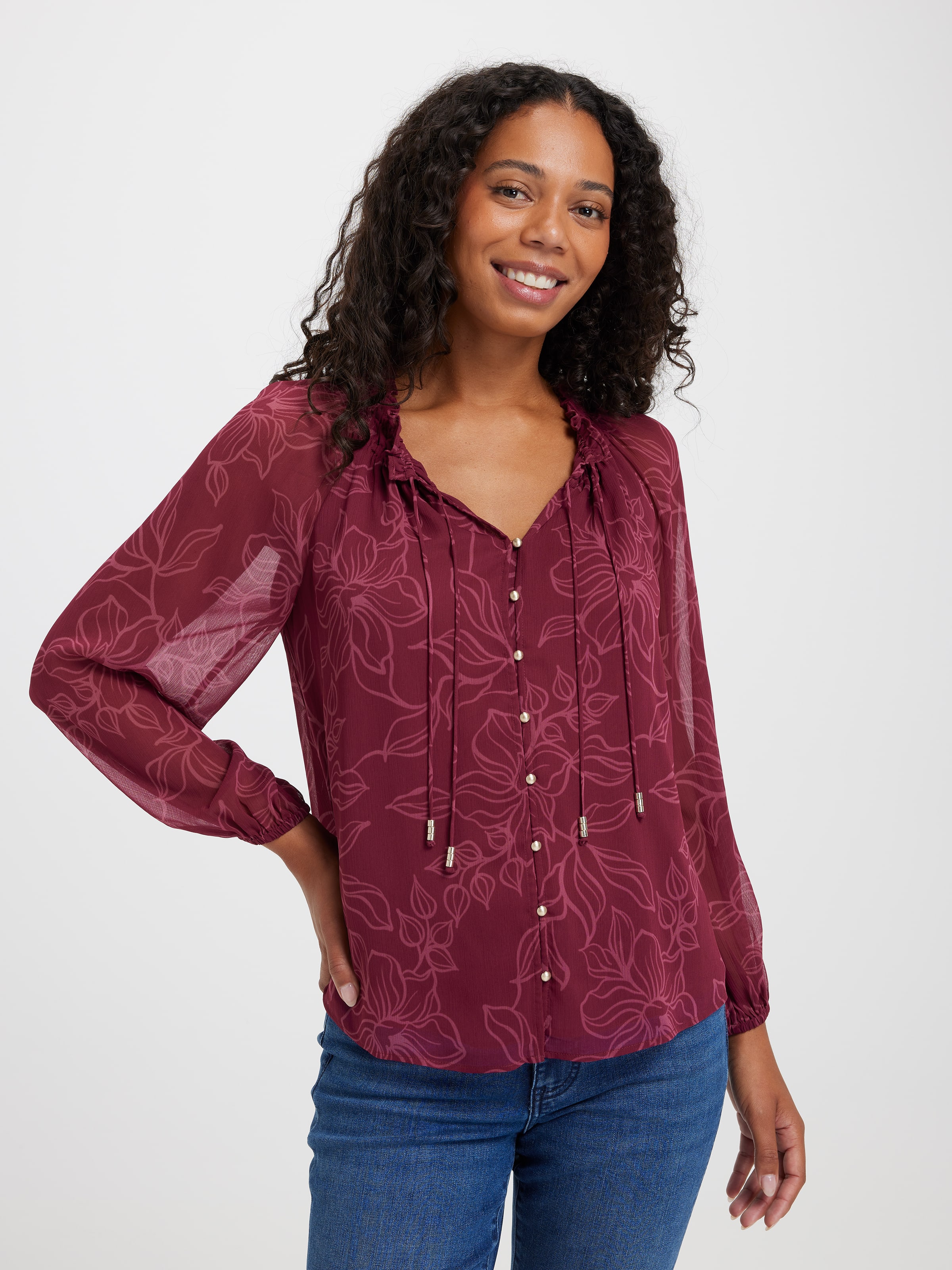 Astrid Ruche Neck Long Sleeve Top