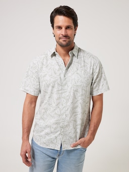 Short Sleeve Linen Blend Palm Print Shirt