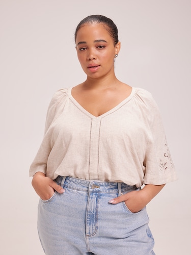 Curve Millie Embroidered Linen Top                                                                                              
