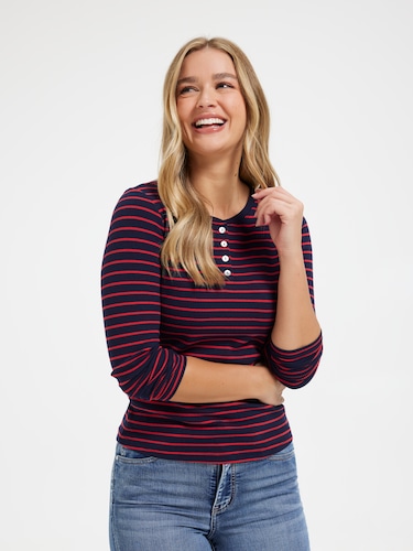 Evie Long Sleeve Henley Waffle Top                                                                                              