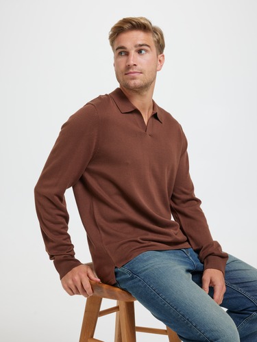 Long Sleeve Open Collar Knit Polo                                                                                               
