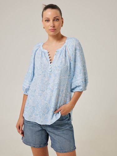 Stacey Button Detail 3/4 Sleeve Linen Blend Top                                                                                 