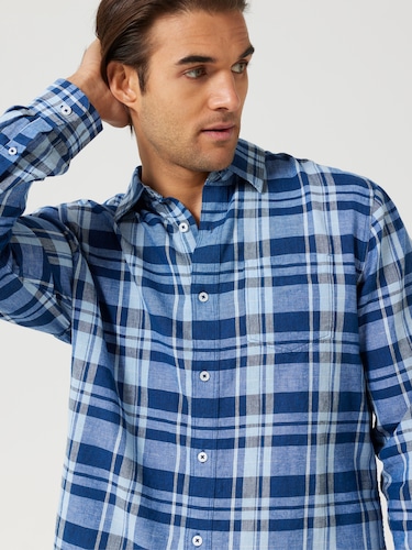 Long Sleeve Linen Blend Check Shirt                                                                                             