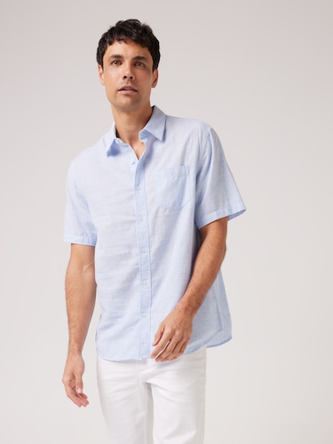 Short Sleeve Linen Blend Texture Shirt                                                                                          