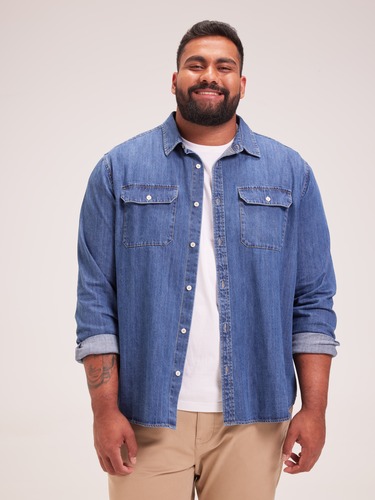 Extended Long Sleeve Denim Utility Shirt                                                                                        