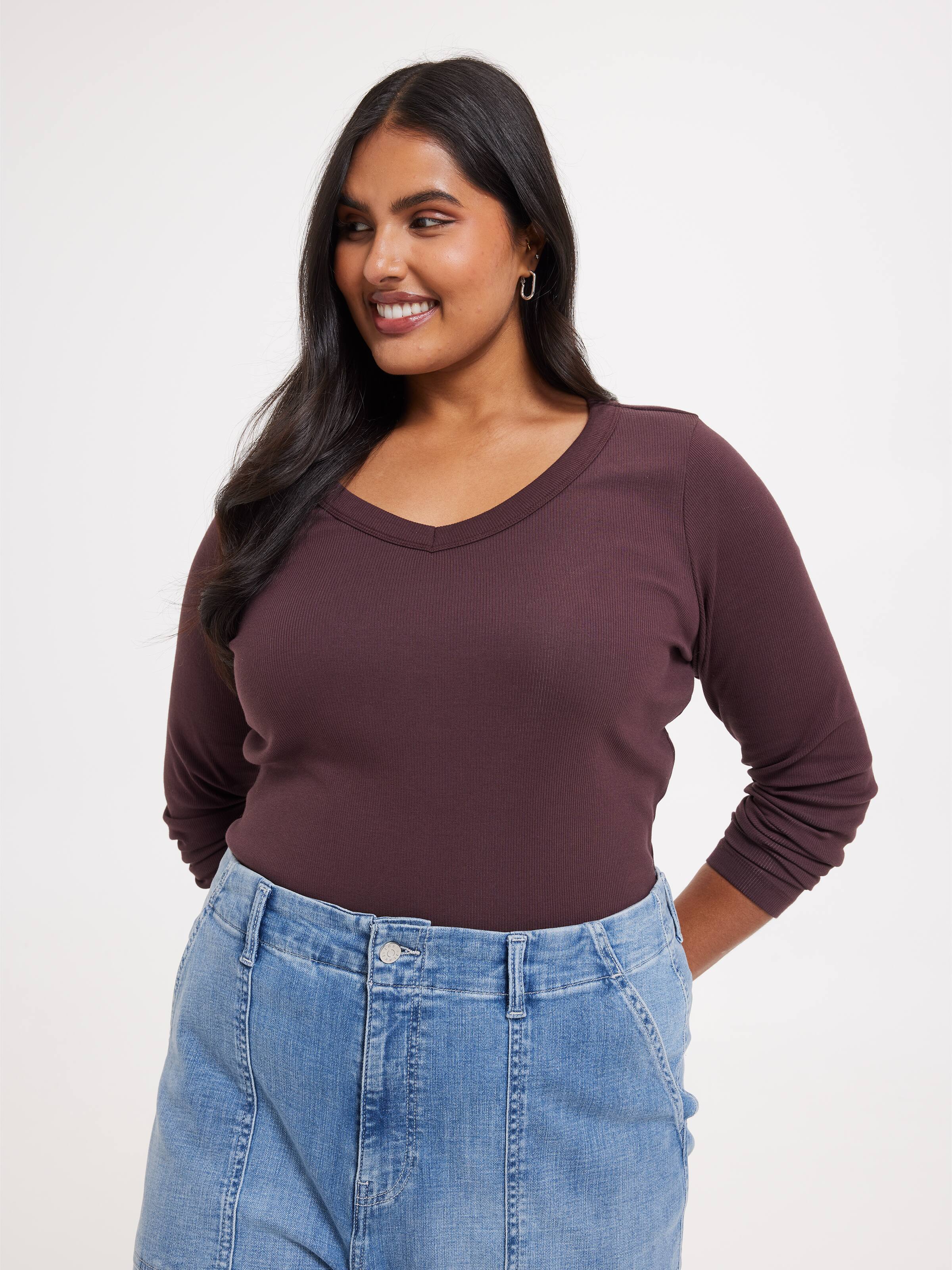 Curve Rib Long Sleeve V-Neck Rib Top - Just Jeans Online