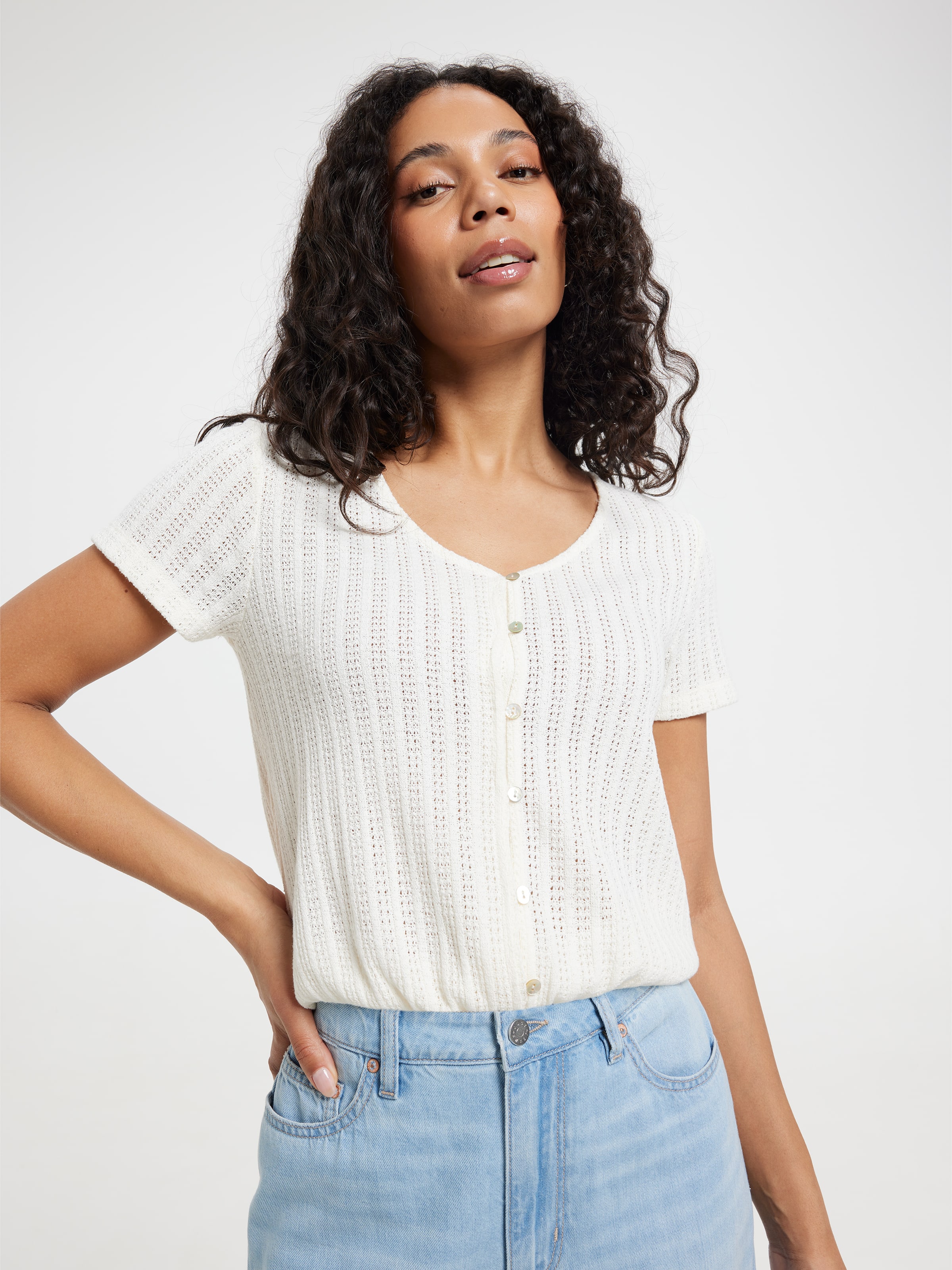 Camilla Bubble Hem Short Sleeve Top Off White - Just Jeans Online