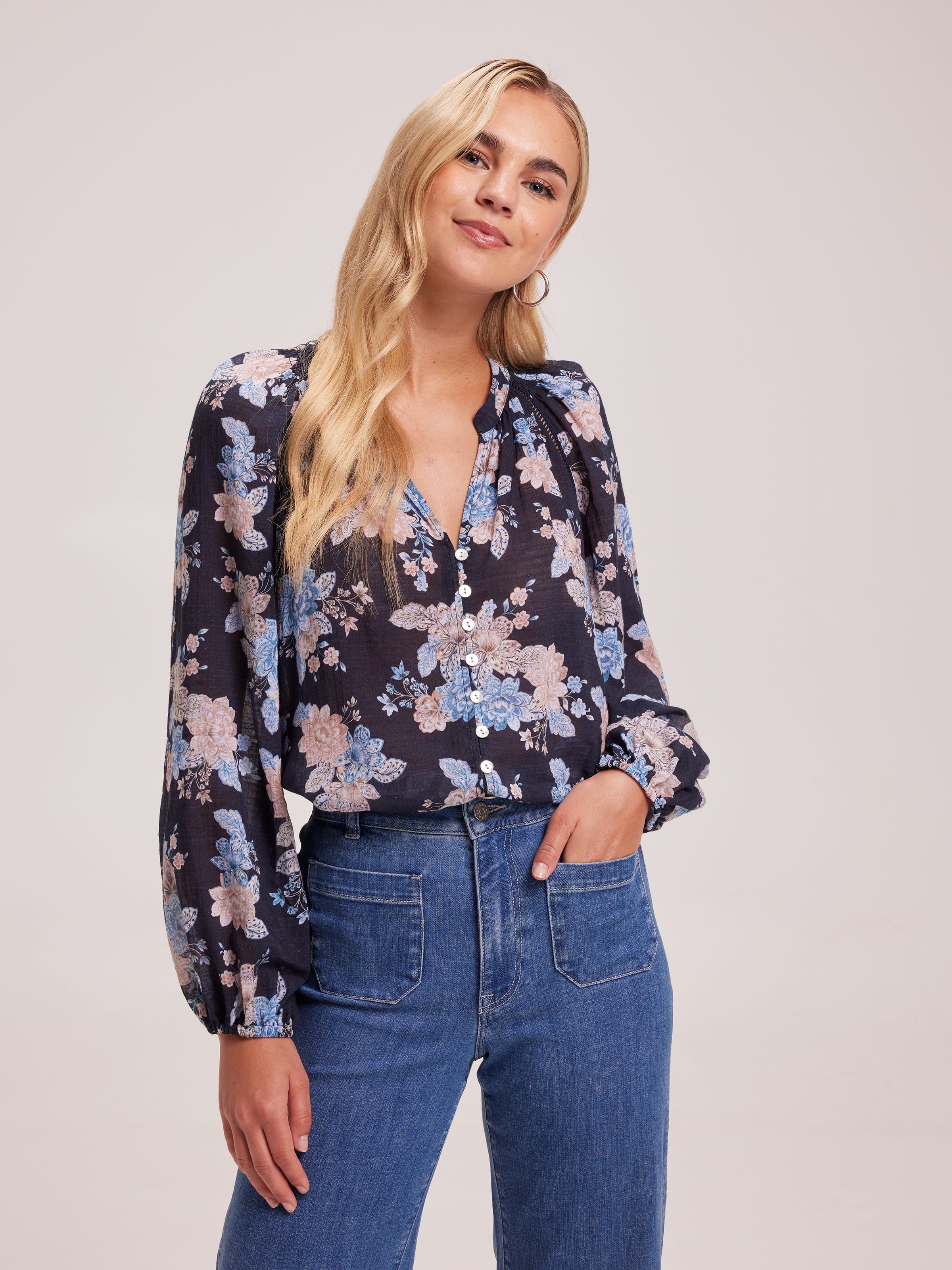 Kara Button Through Blouse Navy Floral - Just Jeans Online